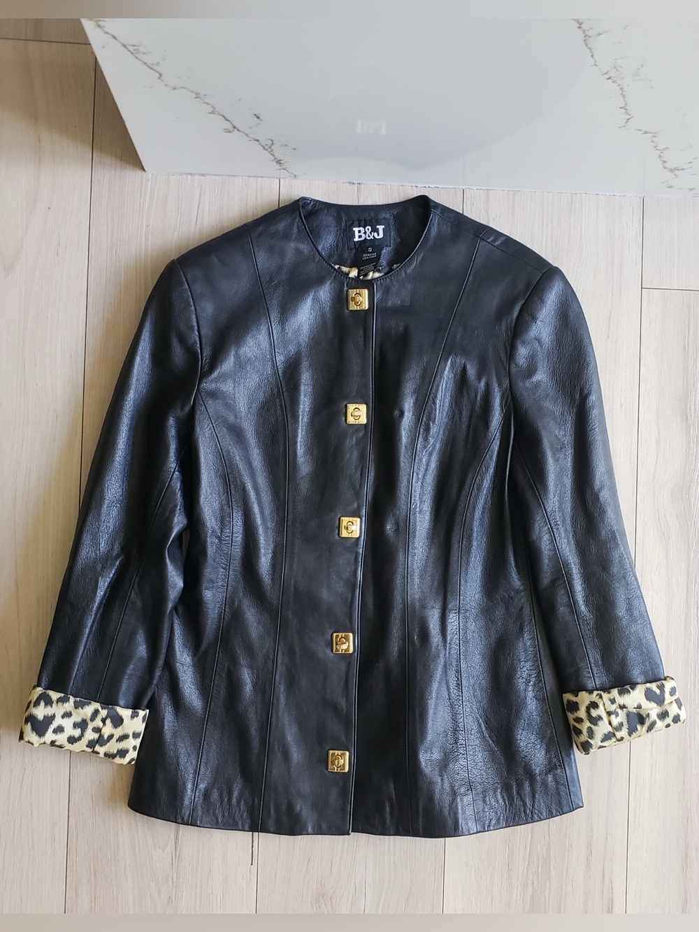 B&J Black Leather Jacket with Leopard Cuff Detail
